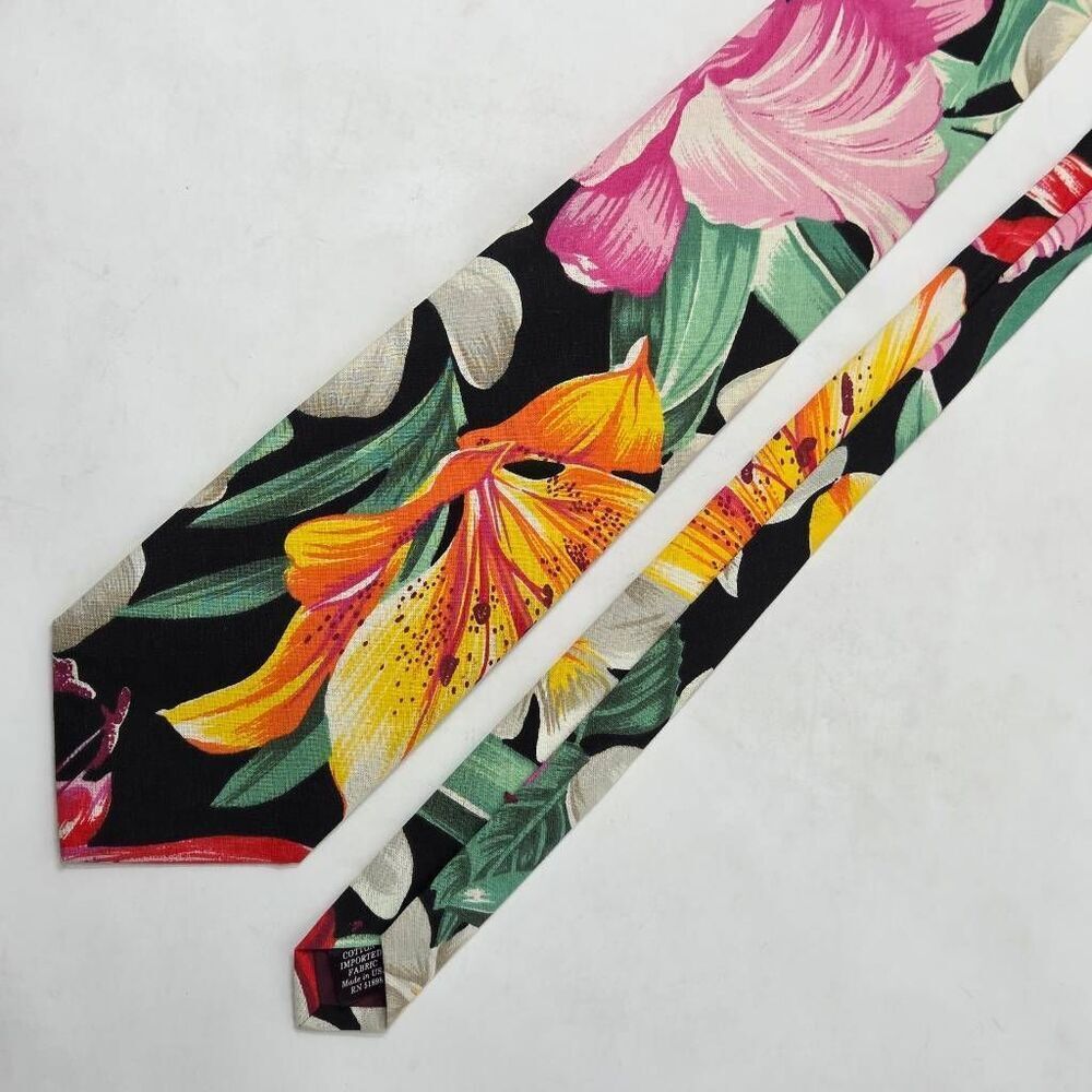 TANGO MAX RAAB COTTON TIE BLACK HAWAIIAN FLOWER FLORAL TIKI CASUAL 3.75" X 56"